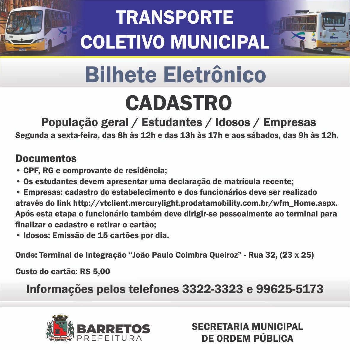 Emissão do cartão do Transporte Coletivo Municipal de Barretos continua no Terminal