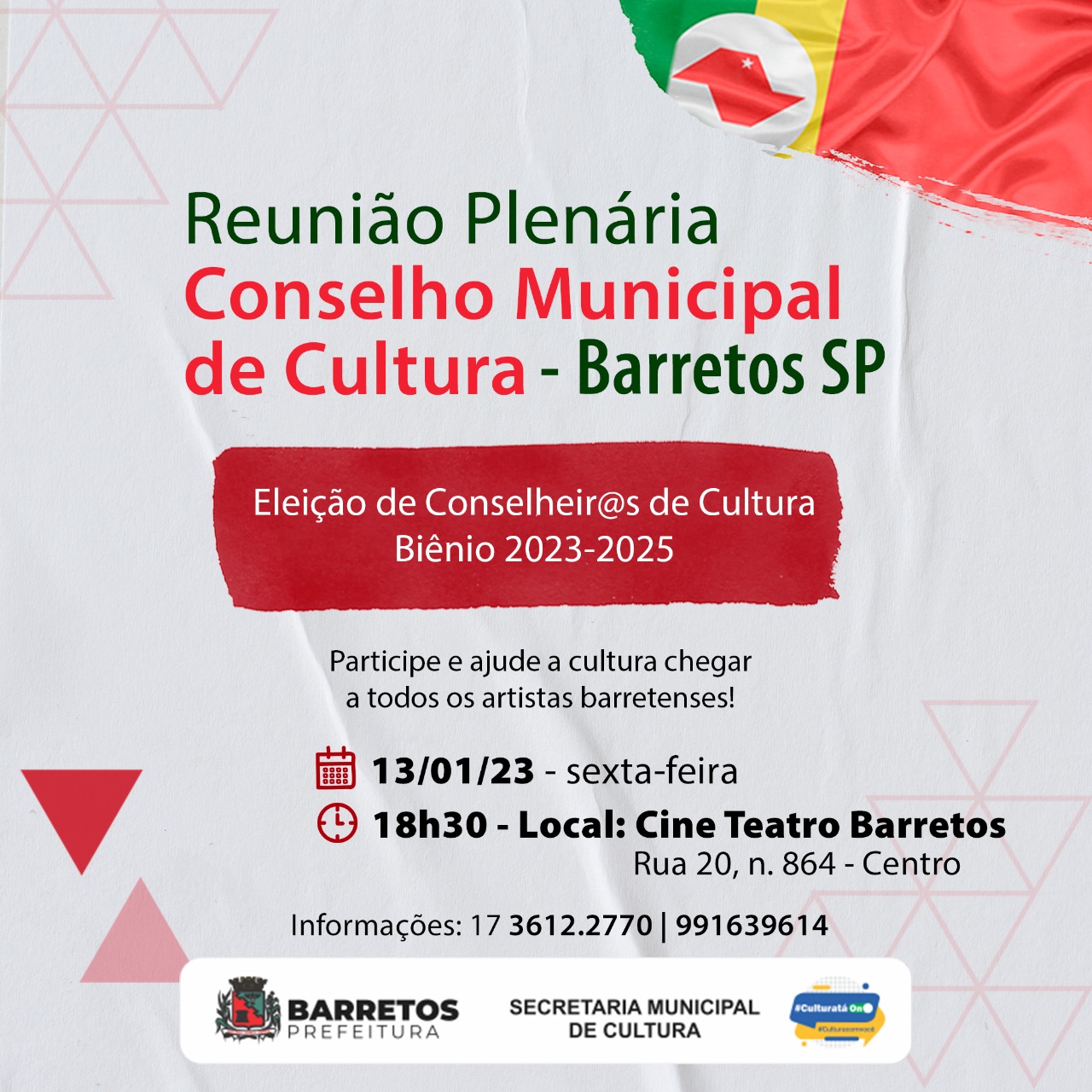 Conselho Municipal de Cultura de Barretos convoca representantes de entidades culturais para eleição de novos integrantes