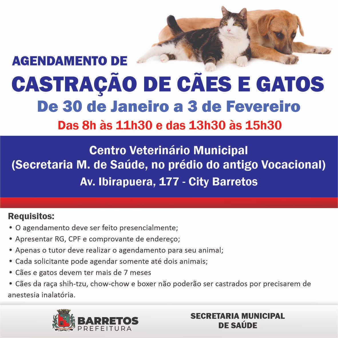 Prefeitura de Barretos divulga período de agendamento para castração gratuita de cães e gatos